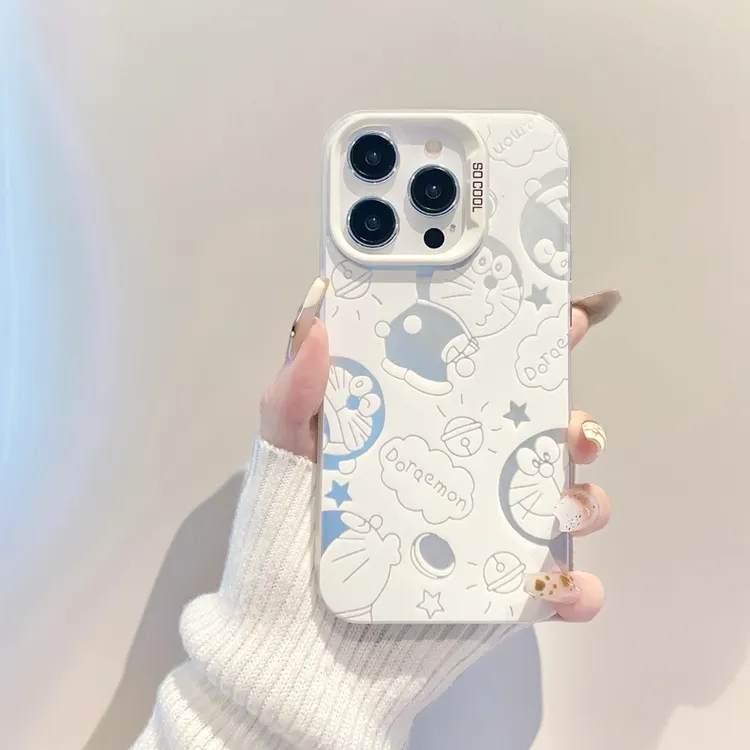 开心哆啦A梦磨砂彩银适用苹果15promax手机壳14可爱卡通13简约