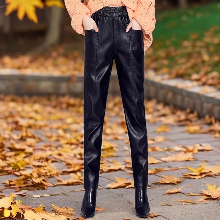 加绒皮裤女哈伦裤秋冬2025年新款显瘦小脚裤高腰百搭长裤铅笔裤子