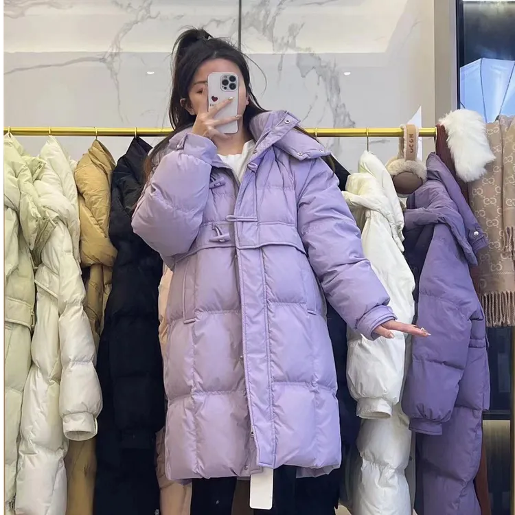 羽绒服女中长款2025年冬季新款牛角扣外套韩版潮【平湖羽绒服】