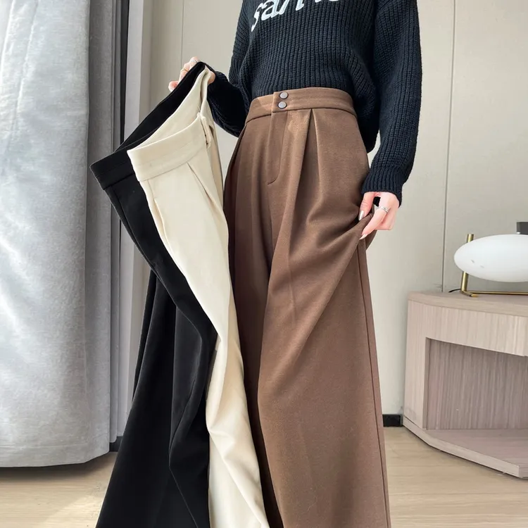 【实拍2024秋冬新款加绒加厚毛呢阔腿裤拖地长裤高腰窄版休闲裤女