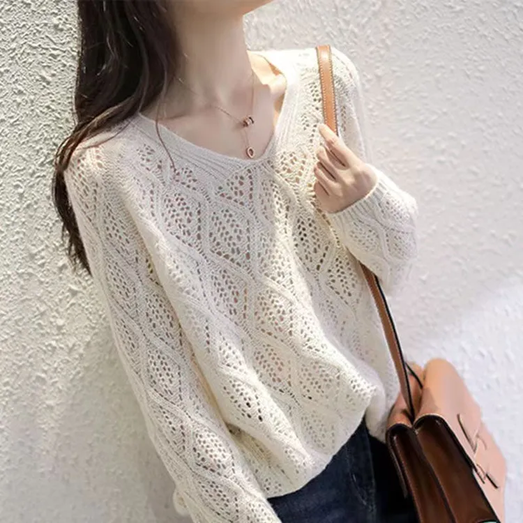 菱形宽松女打底衫韩版外穿针织衫套头V领春秋针织毛衣纯色薄镂空