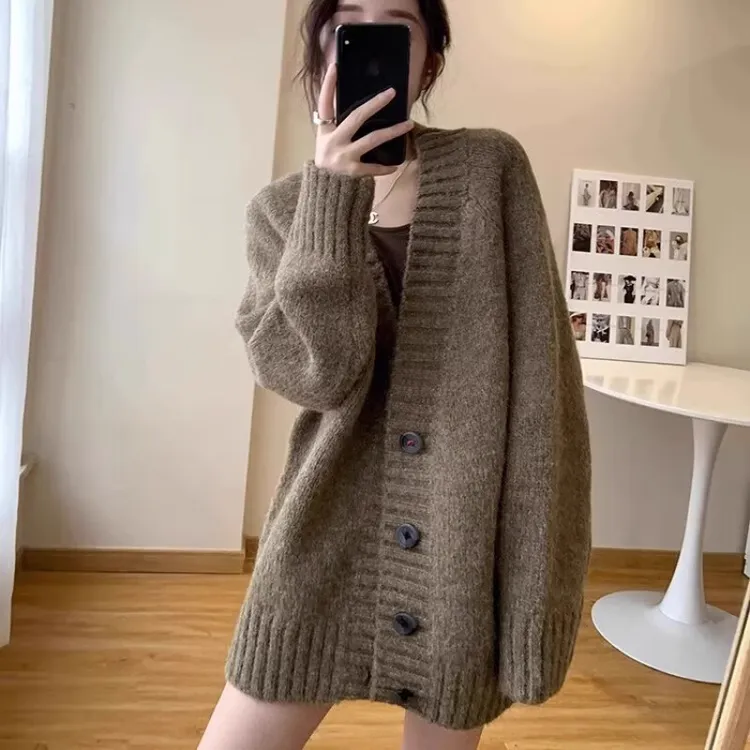 慵懒风复古针织衫外搭春秋加厚上衣毛衣外套女开衫宽松中长款外穿