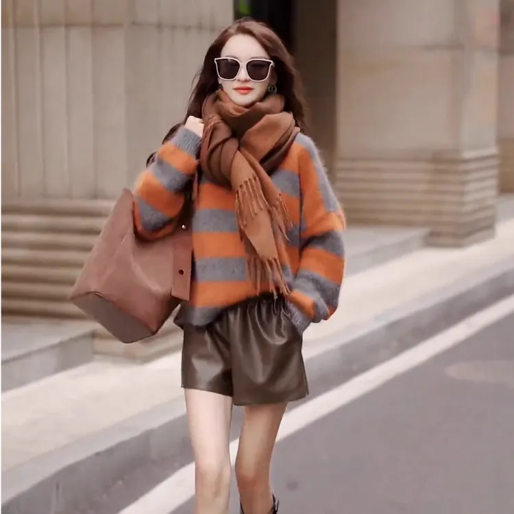 复古港风撞色粗条纹毛衣女韩版慵懒风宽松软糯套头针织百搭上衣潮