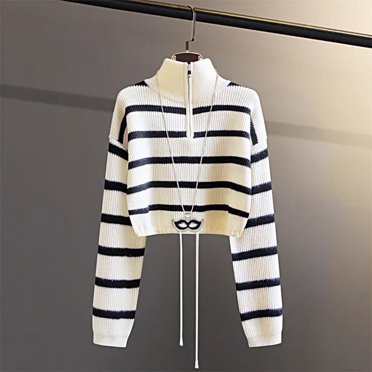 秋冬时尚长袖针织衫条纹毛衣短款显瘦撞色翻领拉链设计感高领上衣