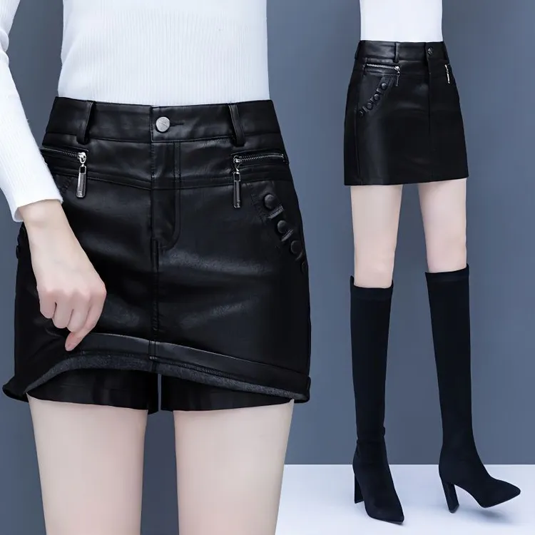 2025年秋冬新款高腰休闲皮裤裙韩版修身大码PU皮裙裤女裤裙假两件
