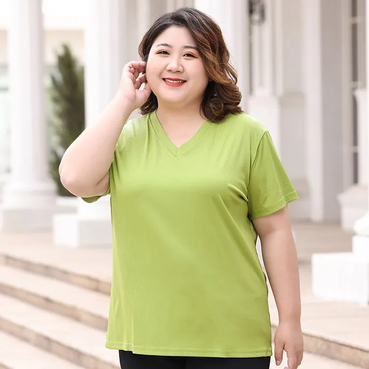 大码女装2023春季新款V领内搭打底衫微胖妹妹显瘦宽松短袖T恤上衣