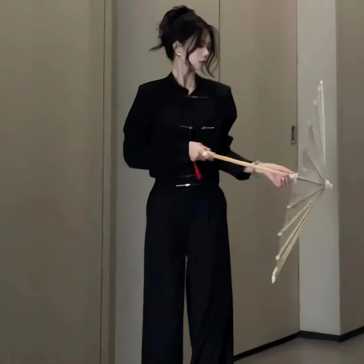 2025新中式复古气质小西装国风外套上衣直筒收腰显瘦拖地裤两件套