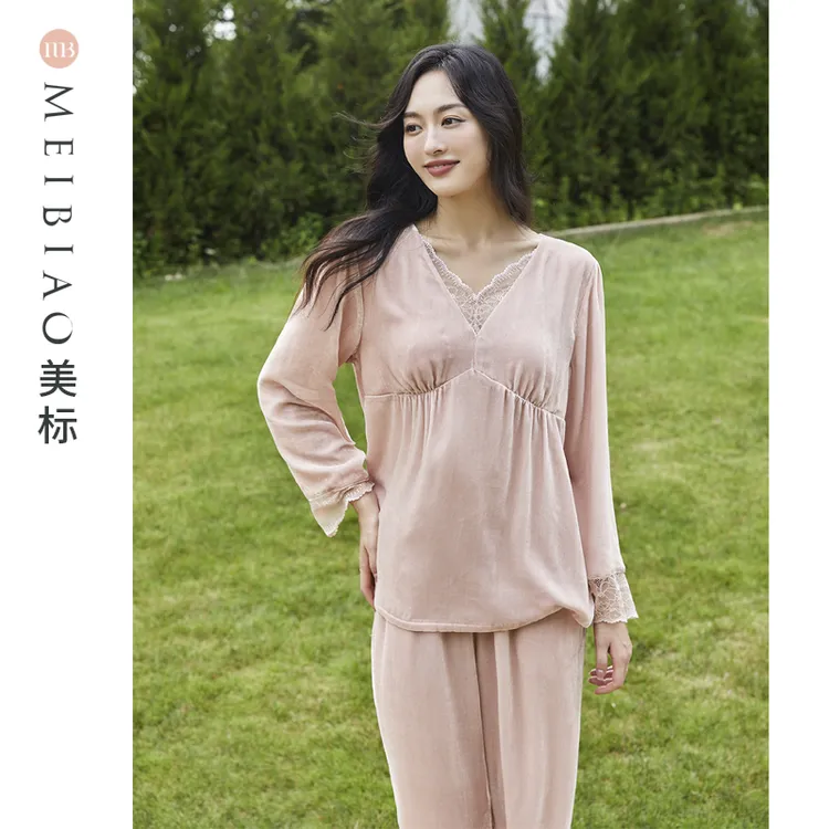 美标桑蚕丝真丝绒秋冬女士带胸垫可拆卸睡衣套装家居服 100149