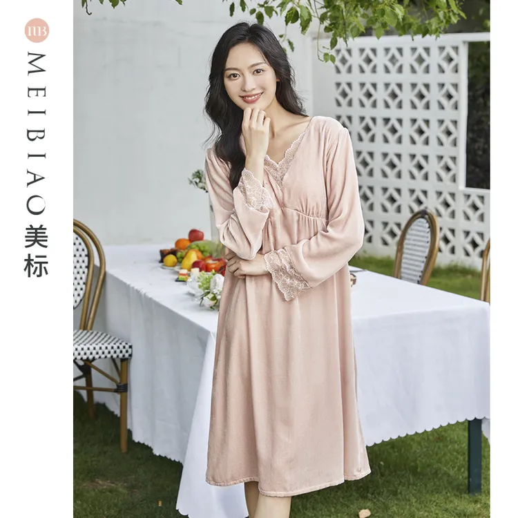 美标桑蚕丝真丝绒秋冬法式女士带胸垫可拆卸睡裙家居服 100150