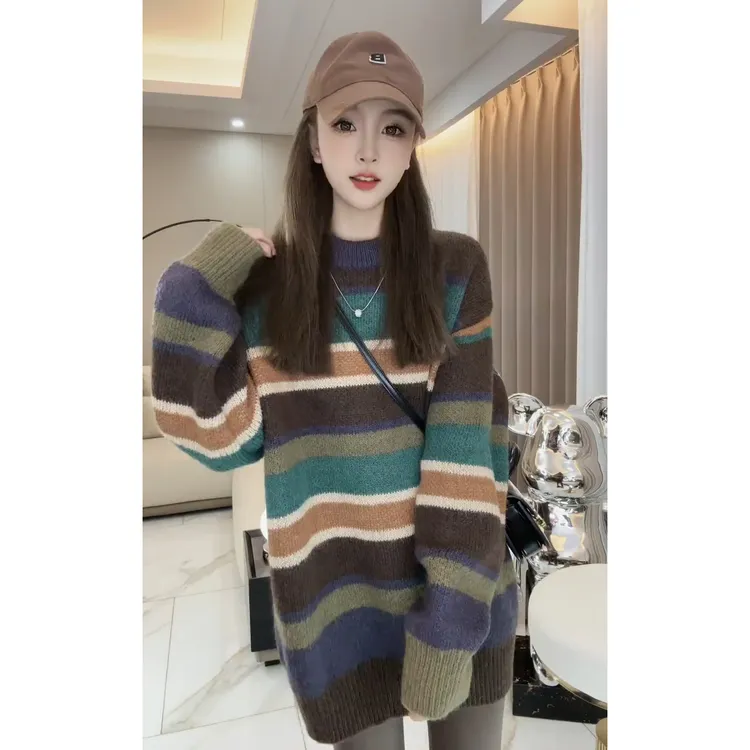 2024秋冬新款时尚复古慵懒风拼色条纹套头毛衣百搭宽松