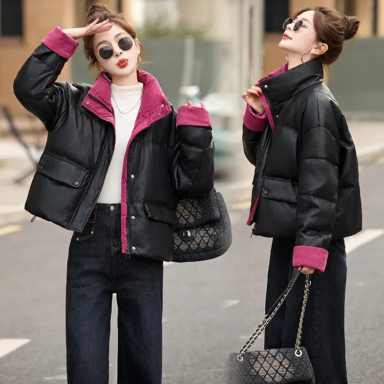 今年流行撞色立领皮羽绒服女2025年冬季新款小个子免洗白鸭绒外套