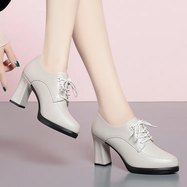 高跟鞋春秋真皮软底百搭粗跟深口尖头单鞋透气职业系带女士工作鞋
