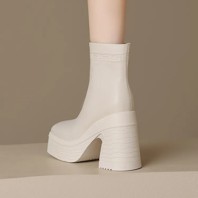 真皮短靴小个子粗高跟厚底秋冬马丁靴圆头白色时尚气质高跟短靴