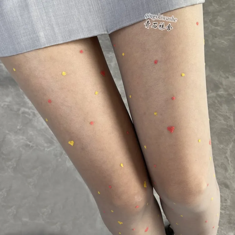 复古法式纯欲性感彩色爱心夏薄透连裤袜圆点提花白色丝袜女打底袜