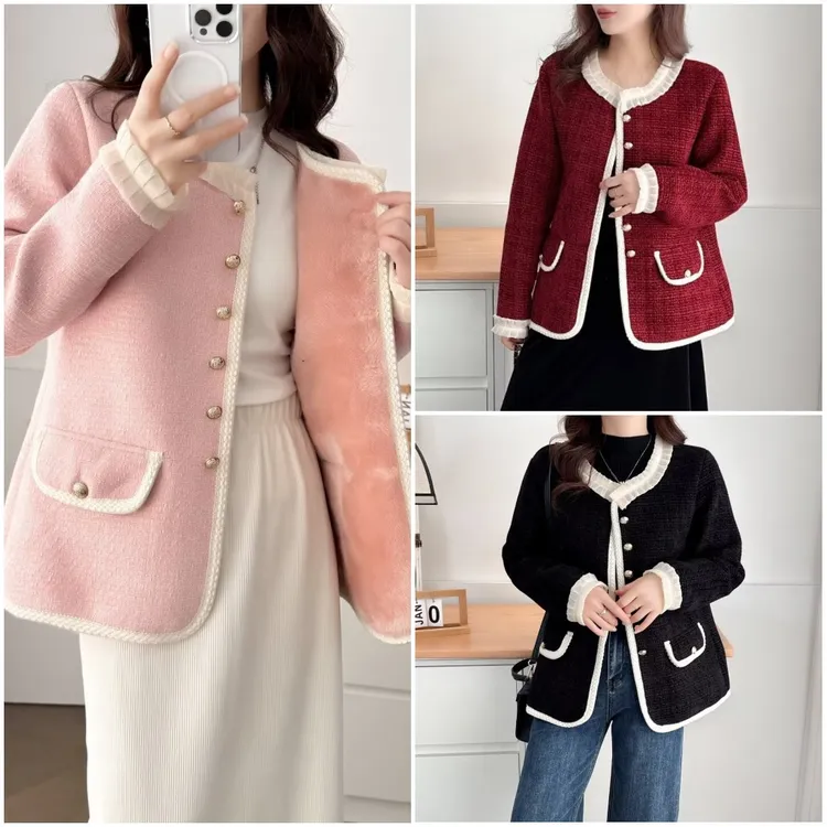 大码胖mm小香风显瘦加绒保暖拼接花边外套女秋冬新款宽松减龄上衣