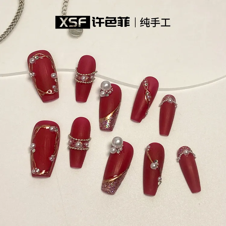 国风新娘新年红珍珠新娘美甲纯手工穿戴甲复古优雅别致古典韵味