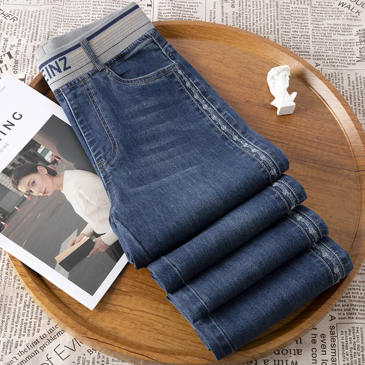 松紧高腰复古牛仔裤女2024女秋新款弹力修身直筒裤显瘦窄版阔腿裤