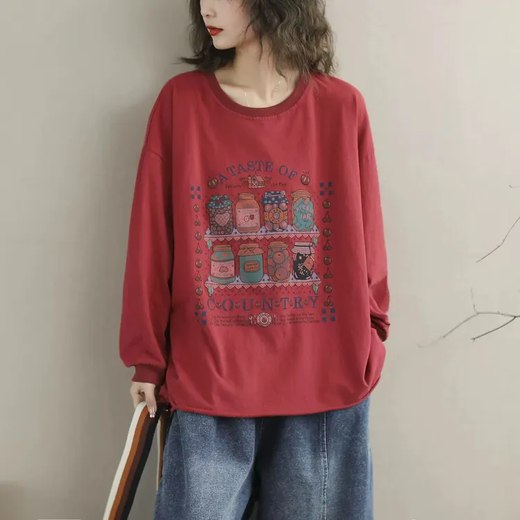 春秋新款国风潮服休闲圆领套头打底纯棉印花长袖百搭宽松卫衣女