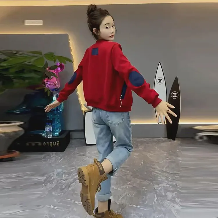 2024春秋季新款女士补丁拼色设计纯棉长袖卫衣外套宽松棒球服上衣