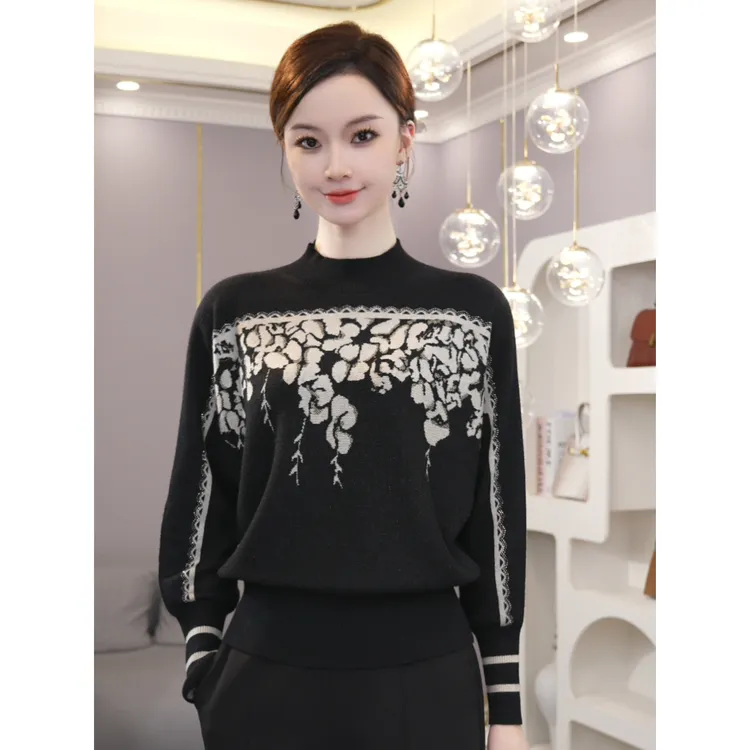 唐熹 2026秋冬新款【LT-D945】含绵羊毛黑白色气质羊绒针织衫毛衣女