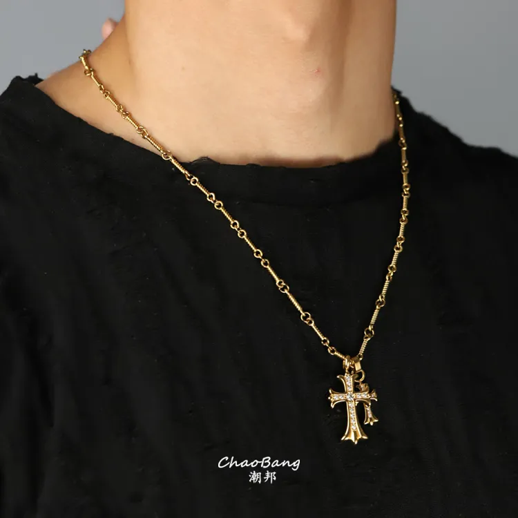 钛钢项链 钛钢双十字架项链男不掉色轻奢欧美配饰高级感时尚饰品