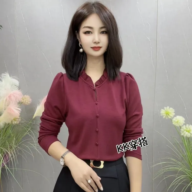 2024秋季新款时尚洋气纯色长袖T恤显瘦高档减龄气质打底上衣