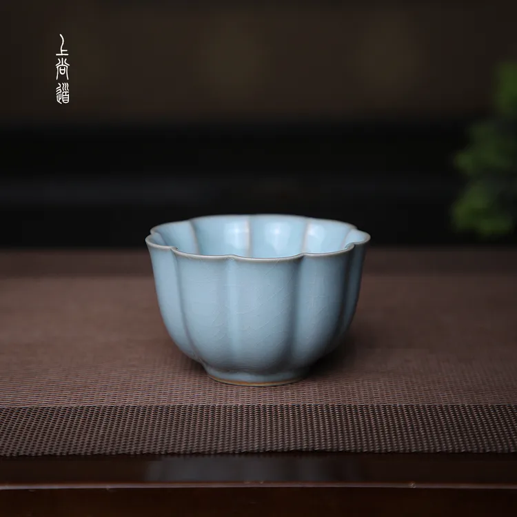 上尚道 汝瓷梅花杯90ml原矿天青主人杯茶杯家用陶瓷茶具汝窑开片