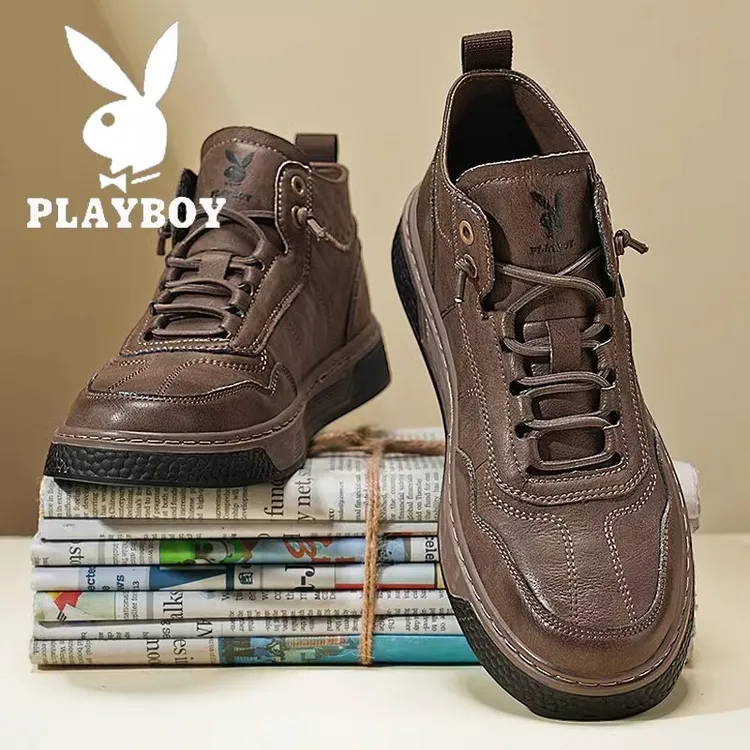 花花公子高帮男鞋冬季复古棕色休闲气质上班通勤防滑中帮运动板鞋