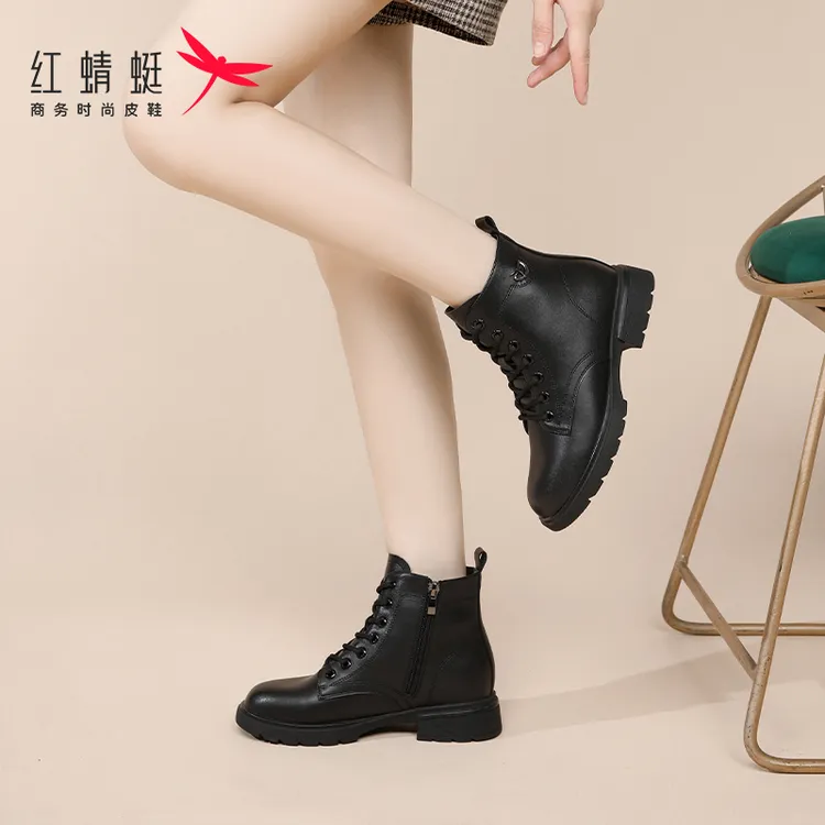 红蜻蜓马丁靴2025秋冬新款黑色时尚英伦经典百搭短靴潮流女鞋加绒