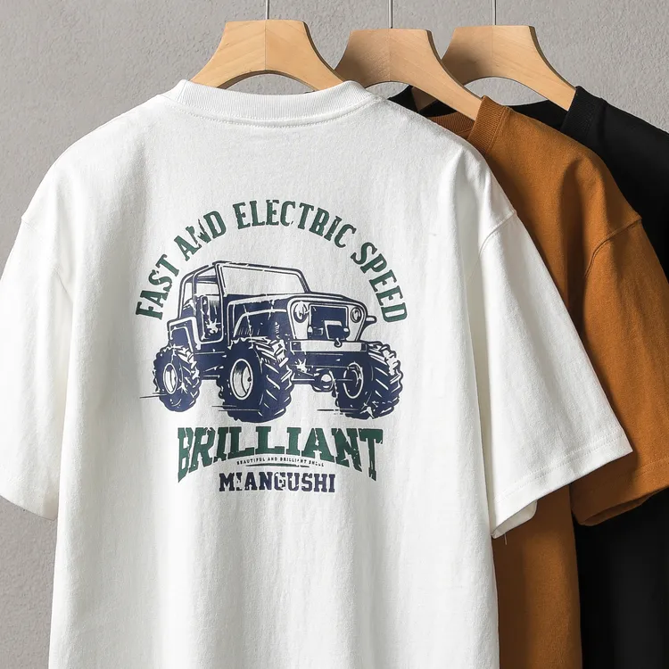 320克重磅复古纯棉短袖美式休闲牧马人印花新疆棉百搭宽松圆领t恤
