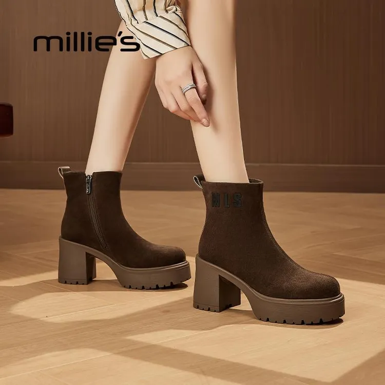 妙丽马丁靴女款2025新款爆款粗跟短靴小个子女厚底加绒百搭瘦瘦靴