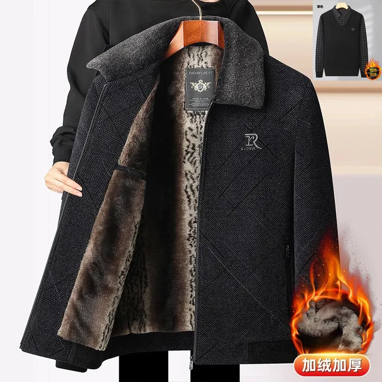 【买一件送一件】爸爸装加绒加厚外套冬季新款男士毛呢保暖夹克棉服