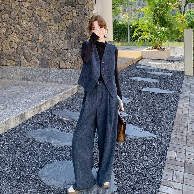 老钱风高级感马甲套装女2025春季新款韩系气质通勤阔腿裤两件套装