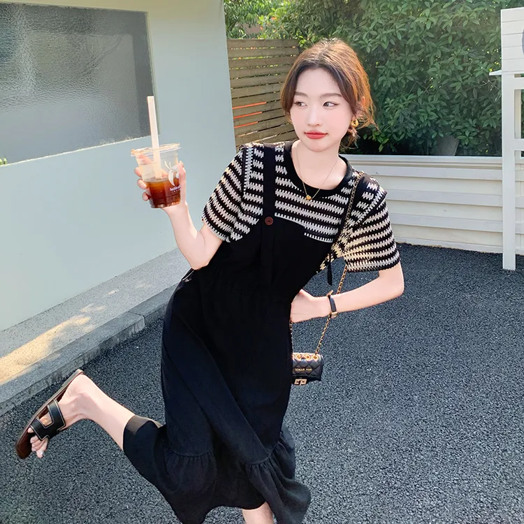 韩版设计感条纹拼接假两件宽松连衣裙女夏季时尚洋气中长款鱼尾裙