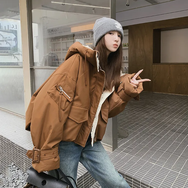 咖色连帽工装派克服冲锋衣女2025冬新款设计感小个子短款毛毛棉服