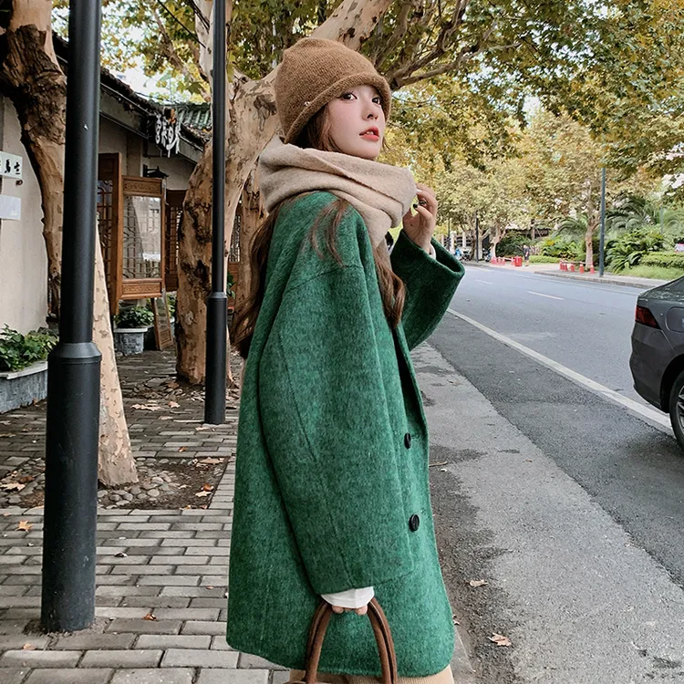 绿色羊毛双面呢子大衣外套女秋冬2025年新款韩系穿搭炸街西装毛呢