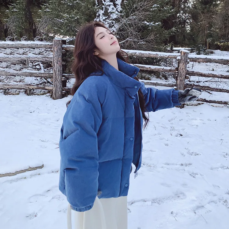 蓝色灯芯绒立领爆款白鸭绒羽绒服短外套女冬新款小个子加厚面包服