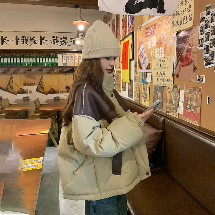 高级感立领拼色羽绒服女2024冬季新款美式复古皮衣拼接白鸭绒外套