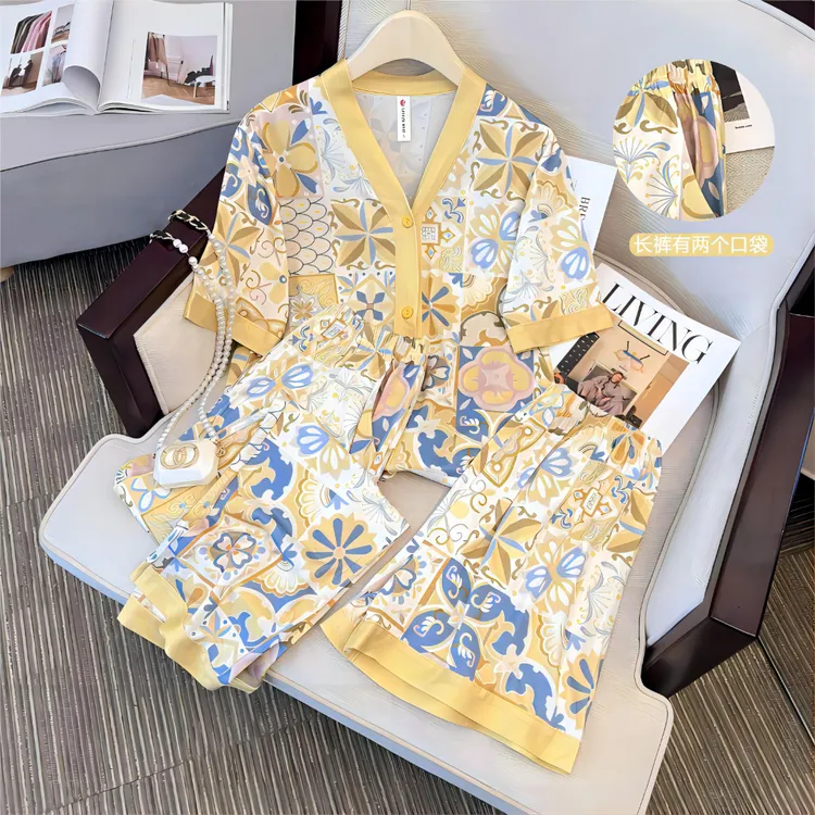【太阳花睡衣三件套】2025夏天轻奢气质舒适弹力家居服套装82161