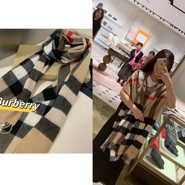 未使用 BURBERRY/博柏利 经典格纹羊绒围巾宽版200x36cm 