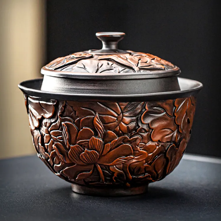 紫陶盖碗纯手工满雕紫砂泡茶碗中式复古家用功夫茶具手抓三才茶碗