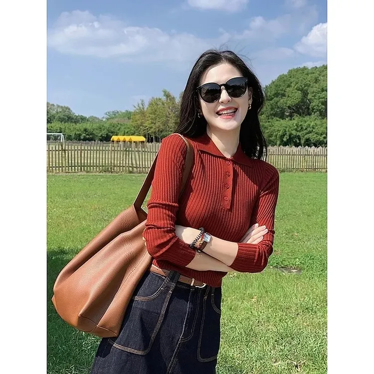 复古红色polo领长袖针织衫女秋冬季设计感小众显瘦内搭打底衫上衣