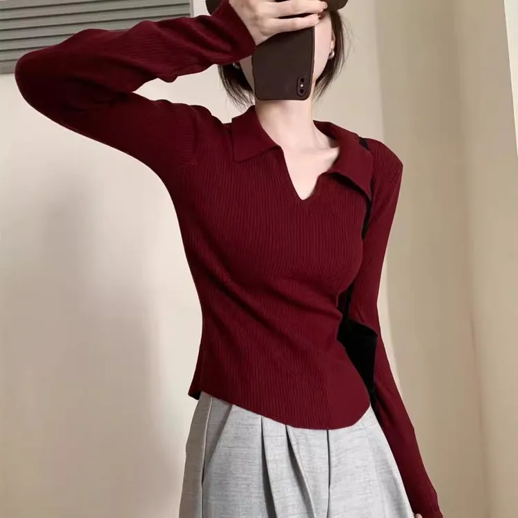 法式复古毛衣女秋冬修身显瘦软糯polo领内搭长袖针织打底衫上衣