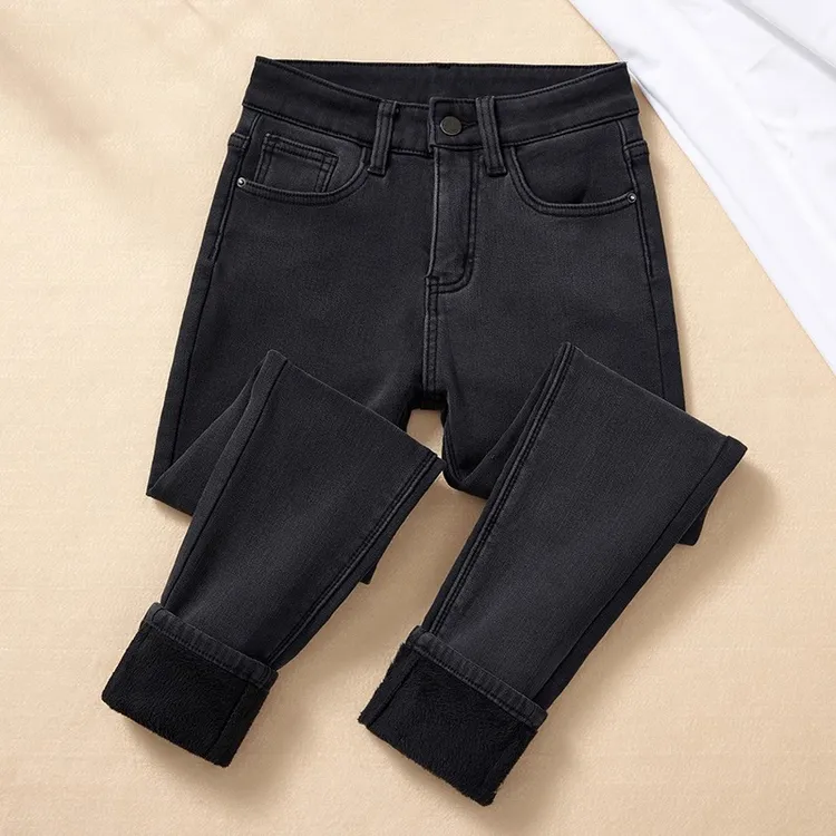 加绒牛仔裤女款小脚裤秋冬高腰加厚弹力紧身黑色铅笔牛仔裤子外穿