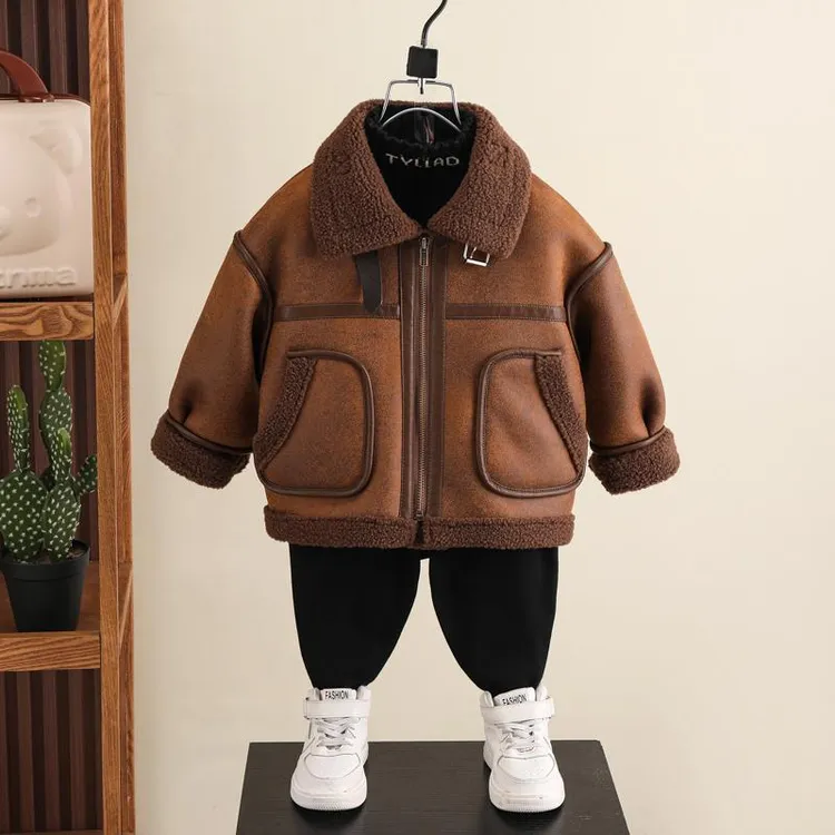 男童皮毛一体帅气秋冬季2025新款洋气儿童麂皮绒衣服保暖小童上衣
