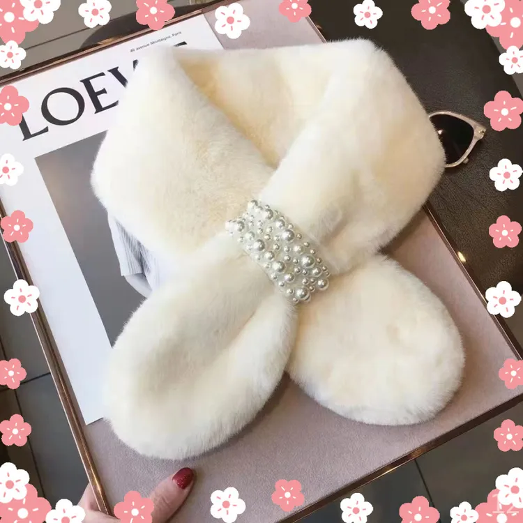 珍珠围巾冬新款韩版保暖仿兔毛绒脖套中长款奶白色