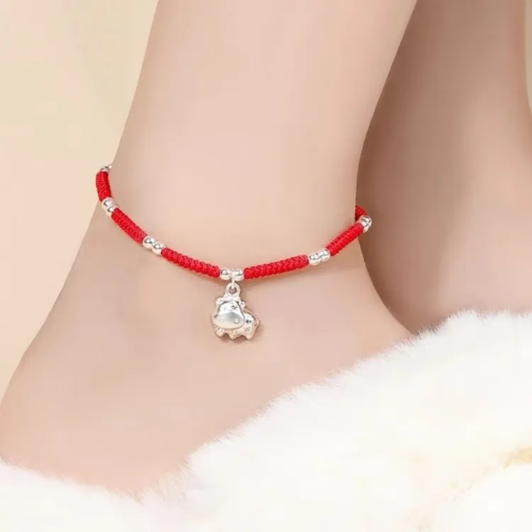 925银布艺脚链 本命年十二生肖手工编织女简约闺蜜学生红绳脚链