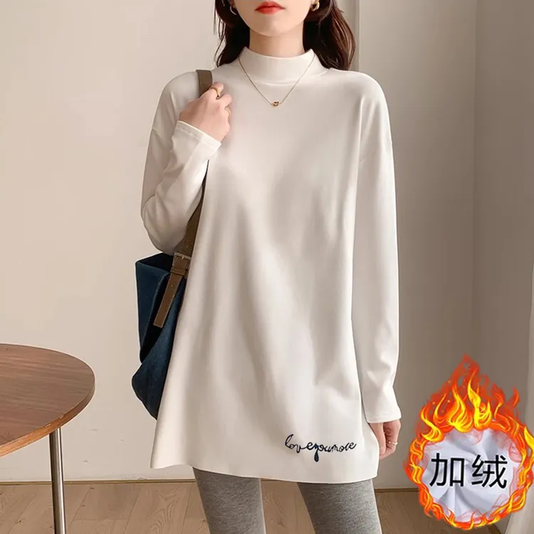 加厚大码半高领打底衫女秋冬季洋气内搭中领卫衣叠穿白色t恤加绒