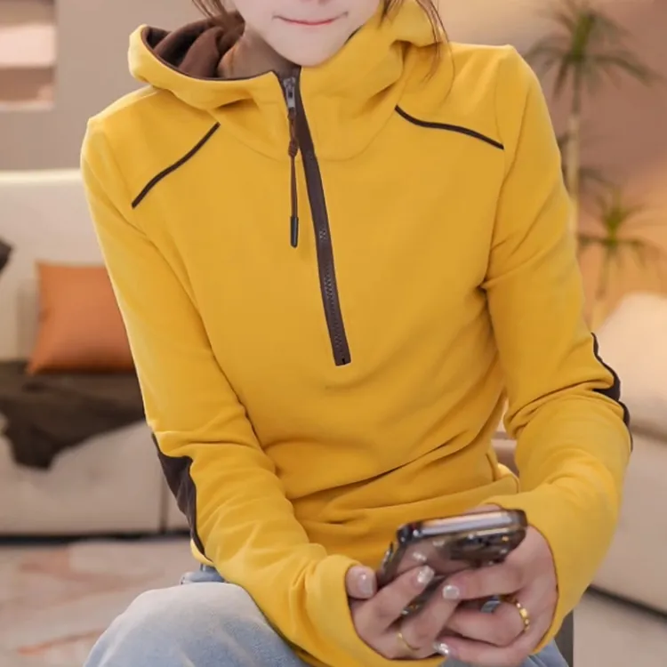 2025秋冬新款拼接连帽时尚洋气修身德绒t恤加绒上衣LK2500433