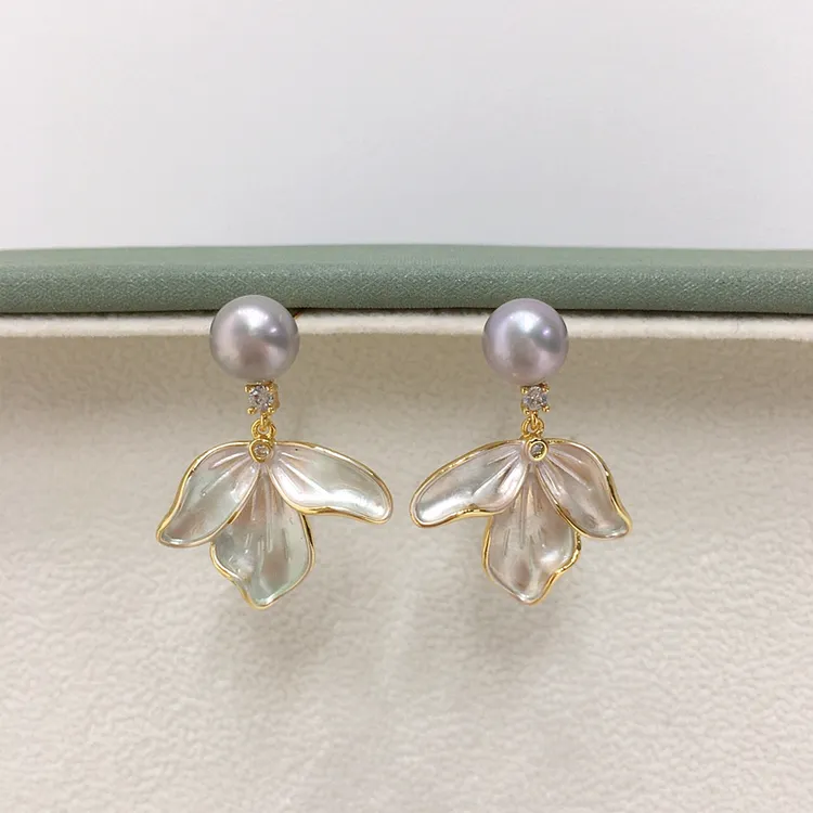 诸暨源产地天然淡水珍珠耳环女简约包金流苏叶子优雅清新珍珠耳钉